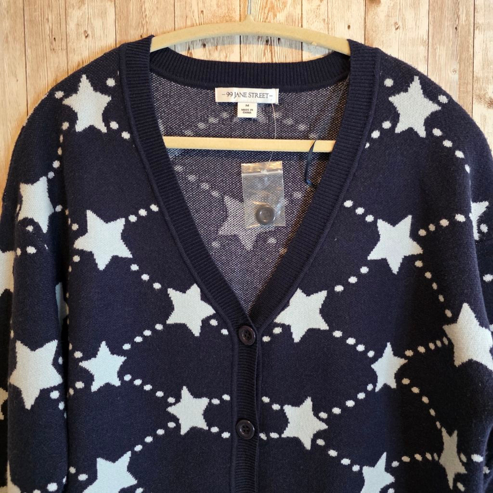 Women's 99 JANE STREET Navy & White Star Cardigan Sweater NWOT - Picture 3 of 8